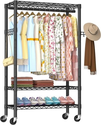 Heavy Duty Clothes Rack Rolling Garment Rack,3 Tier Adjustable Wire Shelving