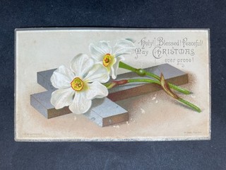 VICTORIAN GREETING CARD XMAS CROSS FLOWER RELIGIOUS