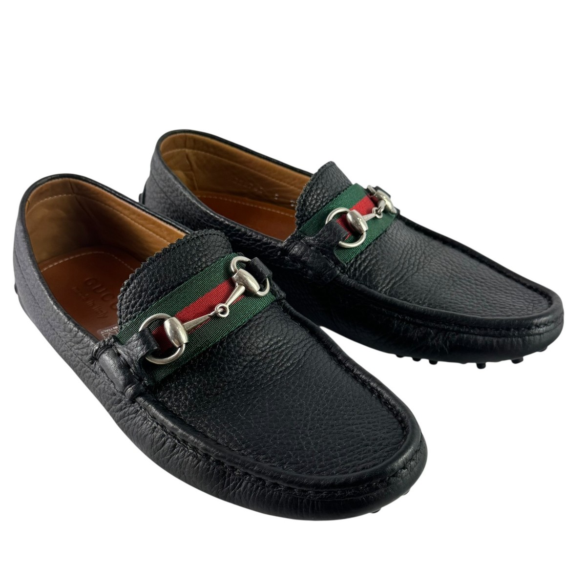 Gucci Mens Horsebit Stripe Pebbled Leather Loafers Black 322741 Size 9 GUCCI 322741 Black Leather Driver Horsebit Web Men main image 4