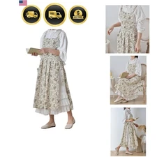 Women Cotton Linen Apron Cross Back Pockets Kitchen Apron White 1pc