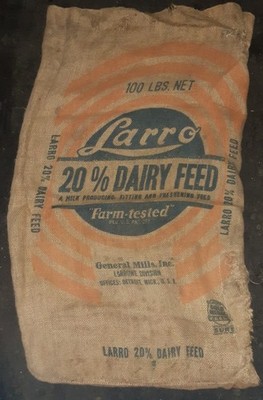 historischer Jutesack Larro 20% Dairy Feed Generals Mills USA vintage Deko