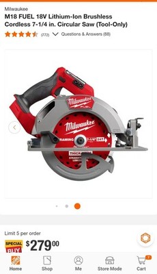  NEW 2024 PIPELINE  Milwaukee M18 FUEL GEN 2 7-1/4'' Circular Saw 2834-20