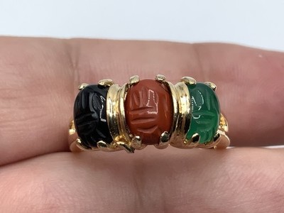 Designer Sterling Silver Gold plated Carved Scarab 3 Stone Ring - Sz. 8.25