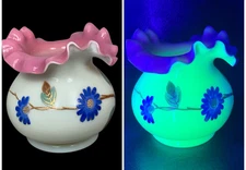 Blown Glass Vase Hand Painted Floral Ruffled Edge Vase Vintage UV GLOW
