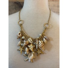 Gold Tone Starfish Seashell Pearl Statement Bib Necklace Coastal Beachy