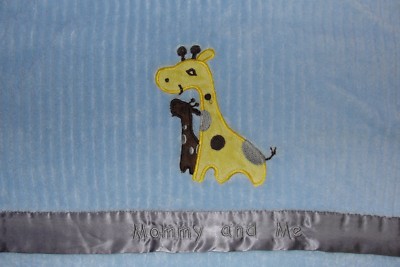 Mommy And Me Giraffe Baby Blanket Blue w/ Gray Satin Trim