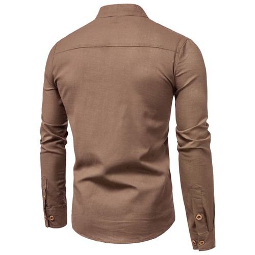 Mens Casual Cotton Shirt Long Sleeve Stand Collar Pullover Button Henley T-shirt - Picture 38 of 46