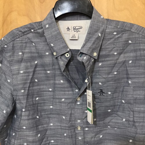 Original Penguin Short Sleeve Button Front Shirt Mini Football Pattern Mens Sz L - Picture 2 of 10