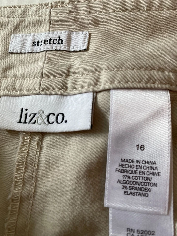 Liz & Co. Pantalones Cortos Carga Beige Algodón Spandex con Patas Corbatas y Bolsillos Talla 16 Foto 3 de 4