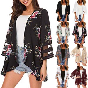 Women-Mesh-Panel-3-4-Bell-Sleeve-Pure-color-Chiffon-Casual-Loose-Kimono-Cardigan