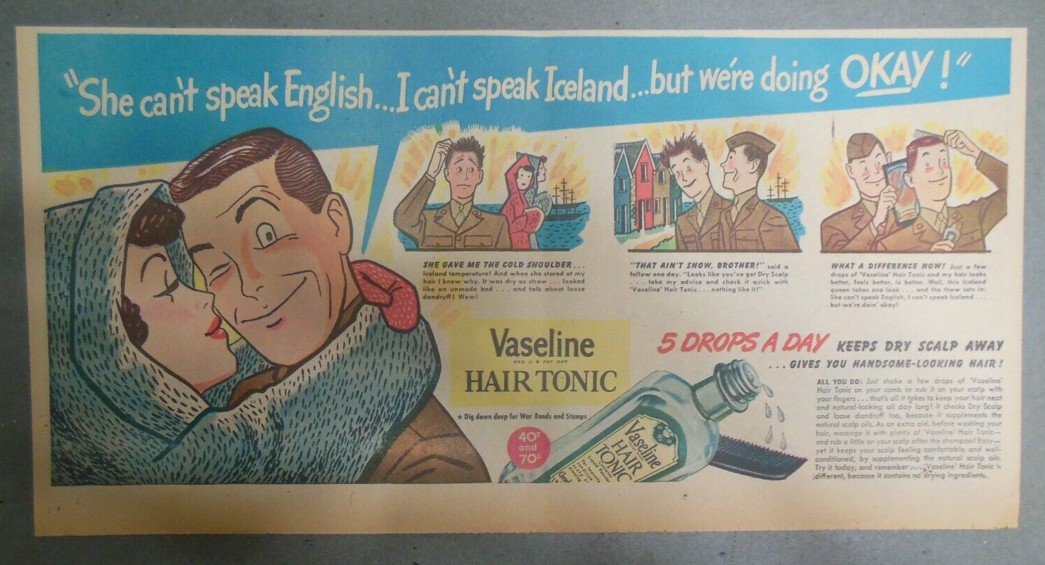 Vaseline Hair Tonic Ad She Can T Speak English Iceland Romance From 1943 Ebay