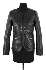 Woman's Collarless Biker Style Front Diamond Classic Black Sheep Leather Jacket