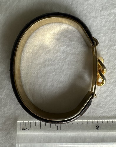 Vintage Signed 24K Gold Plated Cuff Bracelet Bangle Brown Leather Italy - Picture 15 of 24