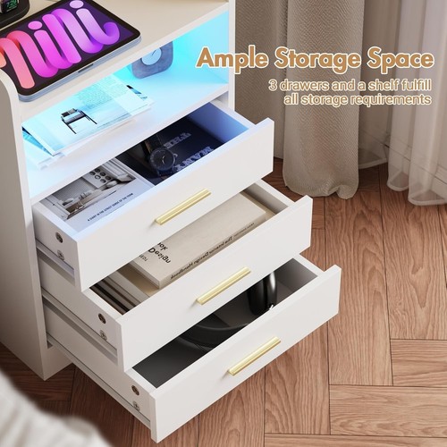 Bedside Table 3 Drawers Wooden, Chest of Drawers with Shelf, LED Nightstand with - Picture 7 of 8