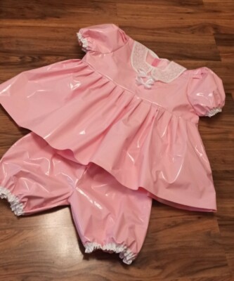 Adult Baby SET Kleid Windelhose Gummihose Sissy PVC LACK Diaper Plastik PINK XL