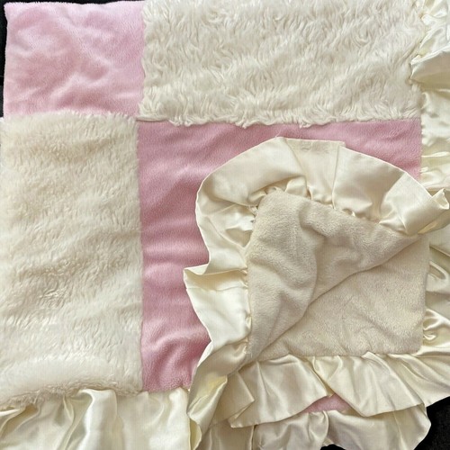 Miniville Layette Butter Cream & Pink Patchwork Baby Blanket Satin Ruffle 28x28 - Picture 1 of 4