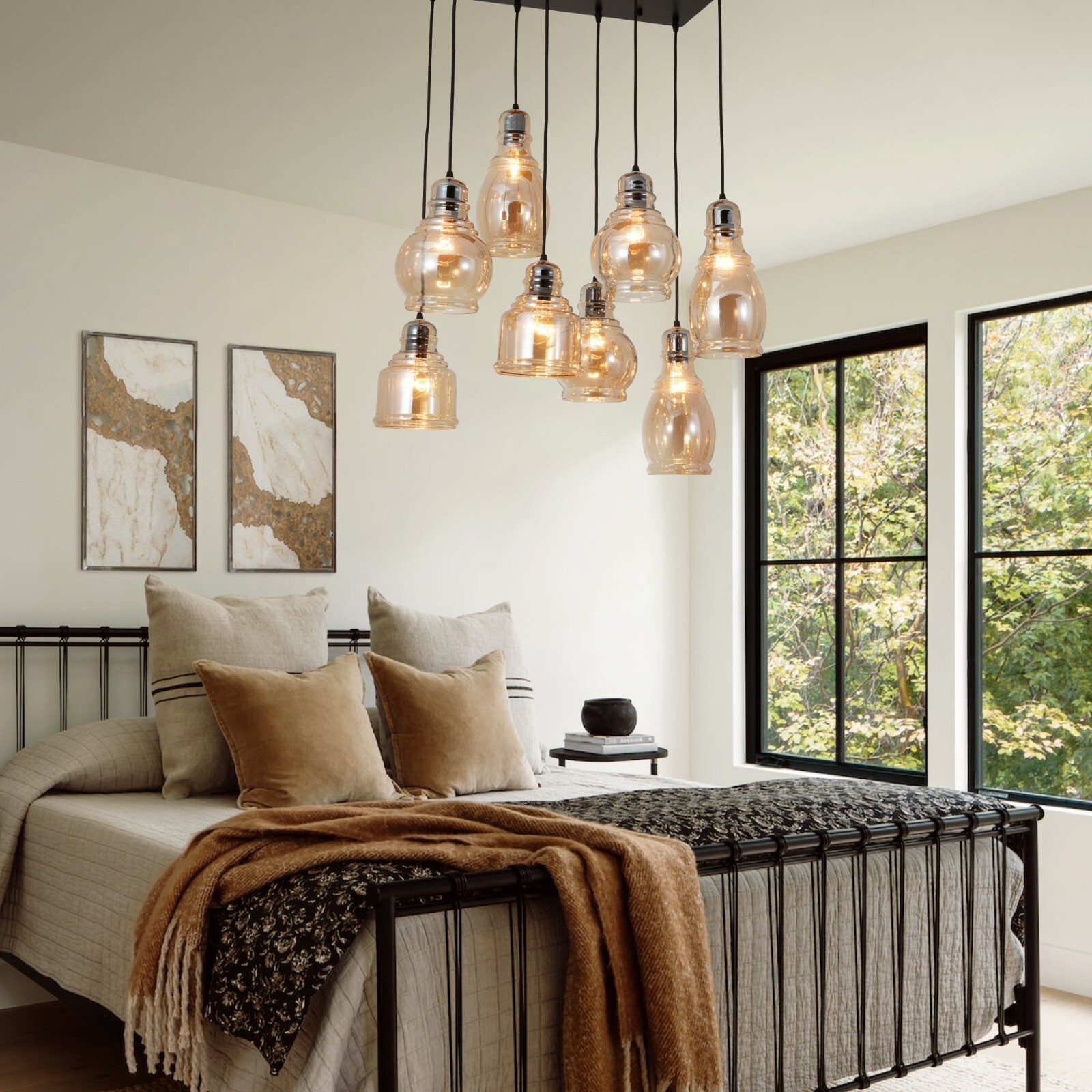 8-Light Black Chandelier Pendant Lamp,  Kitchen Island Hanging Glasss Fixtures