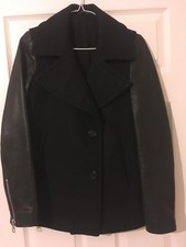 All Saints Ishba 80% Wool Peacoat Size 8 Ink/navy Black Leather Sleeves Rrp £349