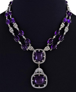 Authentic Art Deco Moissanite & Amethyst Necklace 18k White Gold Plated Double Chain Penda