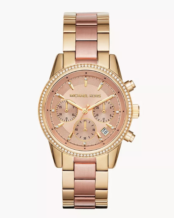 Michael Kors Ritz Chronograph Rose Dial Two Tone Steel Strap Watch MK6475
