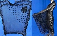 Victorian Antique Black Silk Filet Lace Embroidered Knotted Net Mesh Large Shawl
