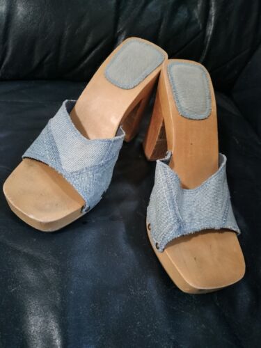 VTG patchwork denim  wooden planform sandals. Size