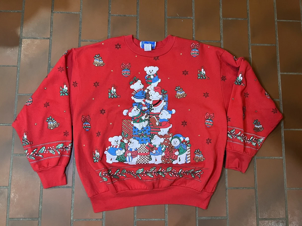 Vintage Ugly Christmas Sweatshirt Large Red All Over Print Karen Blake USA  90s | eBay