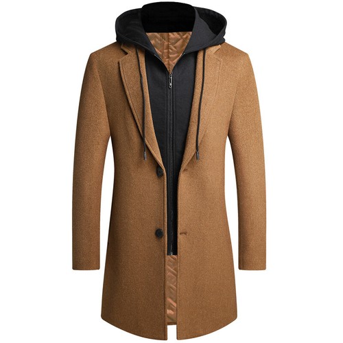 Men's Slim Fit Overcoat Wool Coat Winter Casual Jacket Trench Coat Removable hat - Picture 2 of 19