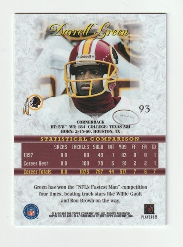 1998 Topps Gold Label #93 Darrell Green card, Washington Commanders HOF - Picture 2 of 2