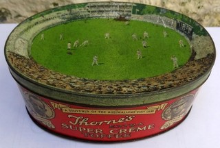 ANTIQUE THORNE'S TOFFEE TIN COMMEMORATIVE 1926 CRICKET ASHES ENGLAND AUSTRALIA