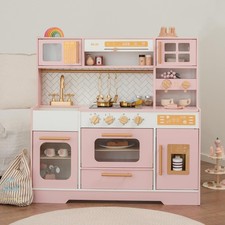 Pink Wooden Play Kitchen for Kids  Realistic Appliances, Storage  15 Fun Acc...