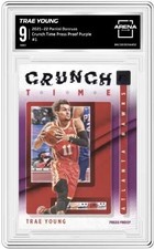 2021-22 Panini Donruss Crunch Time Trae Young #1 Press Proof Purple Arena Club 9