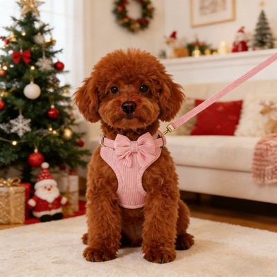Dog Harness Collar Leash Set Pink w/Snack Pouch Bow Tie Collar Triangular Collar