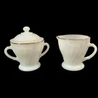 Vintage Fire King Milk Glass Swirl Creamer Lidded Sugar Bowl Gold