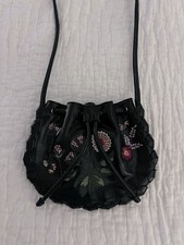 ZARA Black Leather Embroidered Shoulder Bag E...