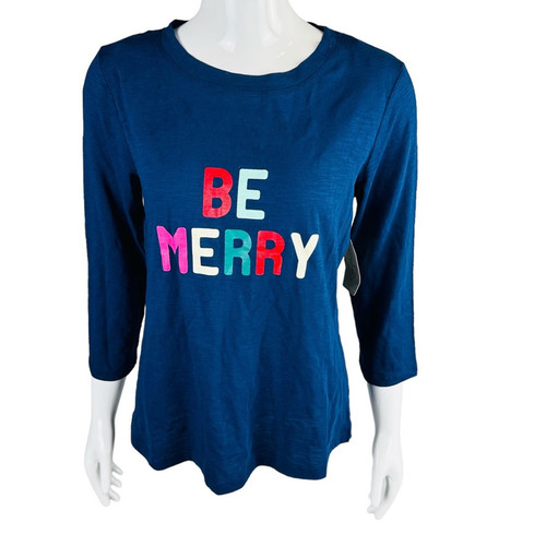 New St John's Bay Womans Sz Small Shirt Blue Be Merry 3/4 Sleeve Stretch NWT - Picture 1 of 7