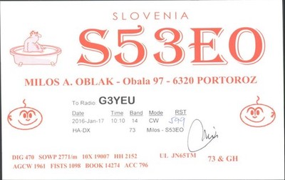Amateurfunk QSL/QSO S53EO G3YEU Portoroz Slowenien 2016 CW 20m Schwein Badewanne Kunst