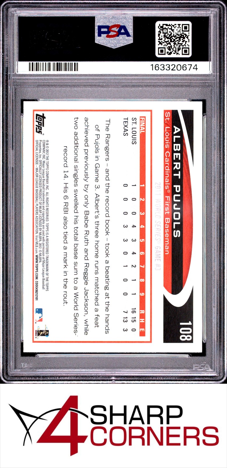 2012 TOPPS #108 ALBERT PUJOLS CARDINALS PSA 10 view 2