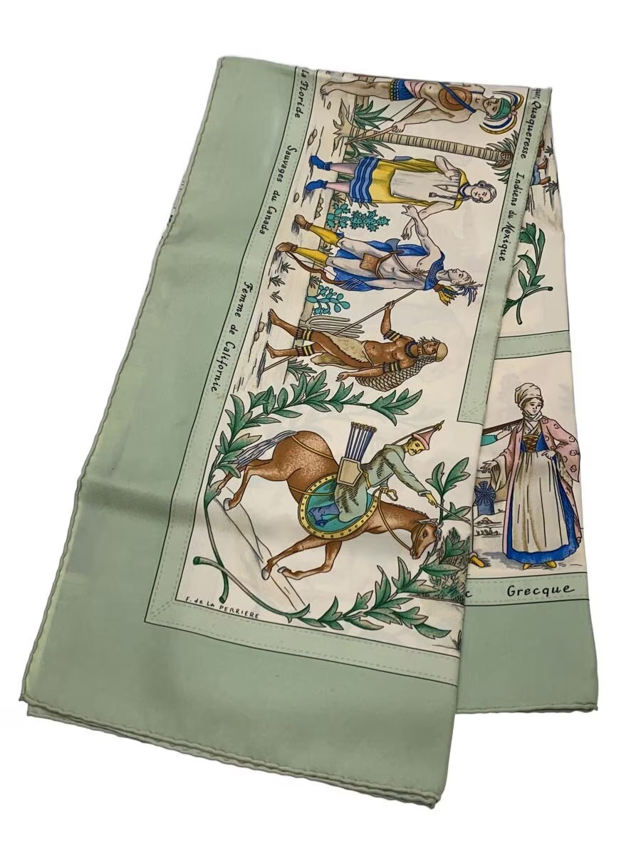 HERMES Carr 90 Modern Citizen s Attire Scarf Silk GRN Allover For Women Stains P
