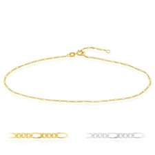 14K Yellow White Gold Figaro Ankle Bracelet (Solid Links) 9"-10" Adjustable