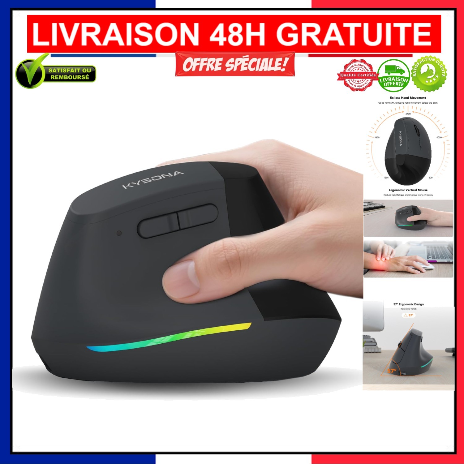 Souris ergonomique sans fil rechargeable KYSONA Bluetooth et silencieuse