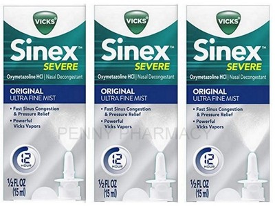 Vicks Sinex SEVERE Nasal Spray 12 Hour 0.50 oz ULTRA FINE MIST PUMP ( 3 pack ) _