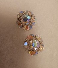 2 Vintage Aurora Borealis Rhinestone Buttons Crystals Encrusted Silver Tone