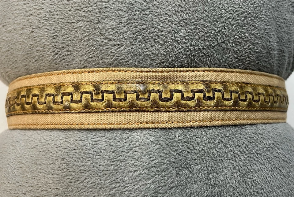 Cinturón tejido de piel de novillo vintage con cordones a mano de lona tono bronce hebilla talla 26 XXS Foto 3 de 4