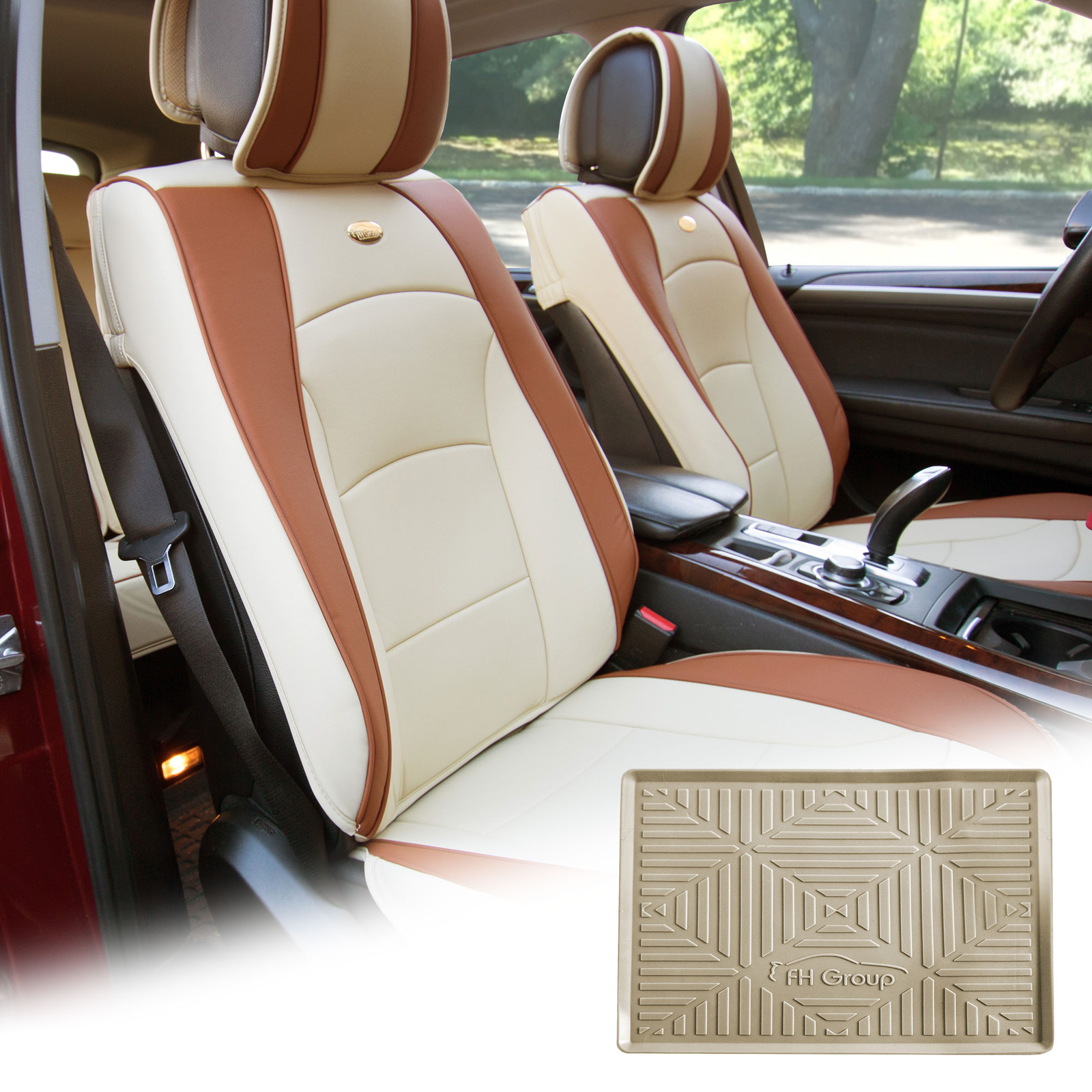 Car SUV Leatherette Seat Cushion Cover Front Bucket Beige w/ Dash Mat Motors
