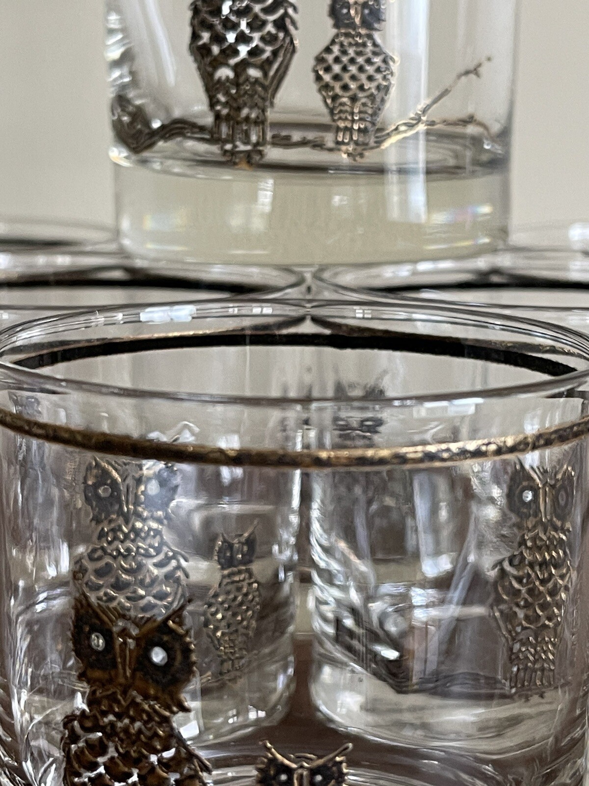 7 Vintage Culver Old Fashioned Owl Drinking Glasses 22K GOLD MCM
