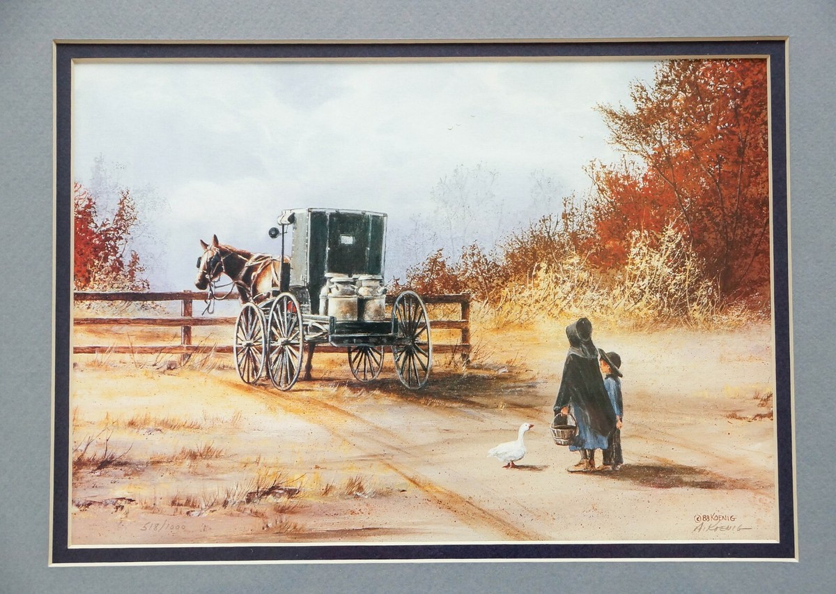 1988 Amish Painting by AL Koenig, Matted, Framed, Signed