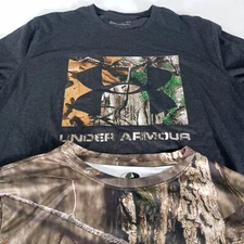 (2) Camo Tees T Shirts Mens L Under Armour Realtree AP Xtra Mossy Oak Break Up