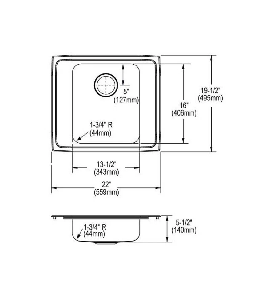 Раковина Elkay Lustertone 22 дюйма с одним креплением сверху для классной комнаты ADA, 2 отверстия для крана - Изображение 2 из 3