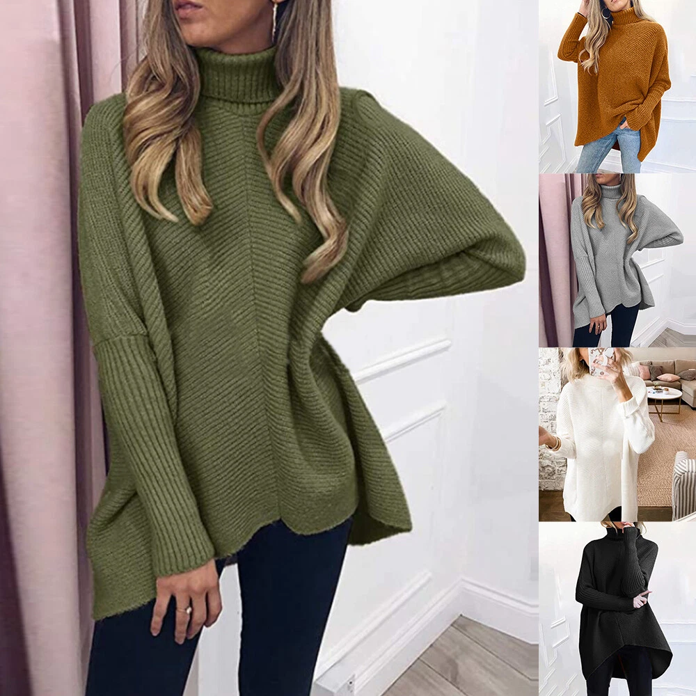 Women High Collar Long Sleeve Jumper Tops Ladies Pullover Loose